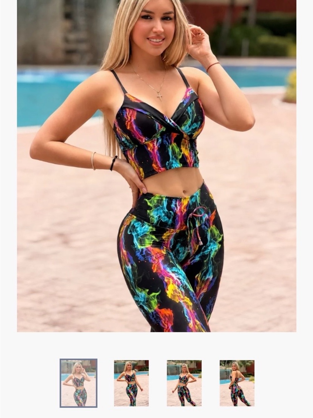 Neon Lightning Print High-Rise Leggings & Crop Top Set - Black